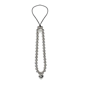 Silver beaded phone strap with heart pendant and metallic logo charm on white background