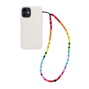Detailed macro view of colorful rainbow beaded phone strap with stylish bow charms