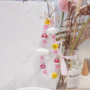 Handmade Beaded Phone Chain Pink Mushroom Cloud Smiley Face Metal Lanyard Decorative Anti-lost Mobile Phone Strap For Women