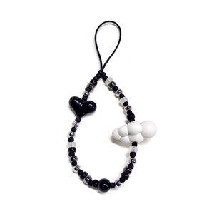 Handmade beaded phone strap with black heart and white cloud charms in retro style