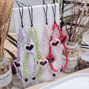 Chaîne de Téléphone Perlée en Acrylique Faite à la Main Pendentif Cœur Pixel Mode Femme Style Doux et Cool Lanière Cadeau