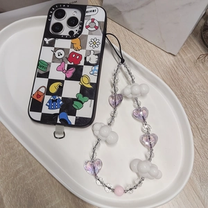 Checkerboard phone case with Disney icons and beaded strap featuring hearts and clouds