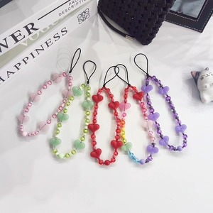 Handmade Ceramic Glass Beaded Phone Charm Heart Rainbow Lanyard Sweet Wrist Strap For Women Girls Mobile Phone Decoration