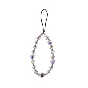 Detail of beaded phone strap with iridescent crystals and butterfly-shaped acrylic beads