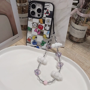 Checkboard mirror phone case with purple heart crystal beaded lanyard and cartoon motifs