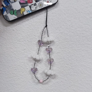 Handmade beaded phone strap with white clouds and purple hearts for a stylish accessory