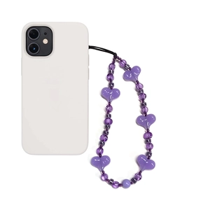 Short beaded phone charm with purple acrylic hearts and transparent round ceramic beads
