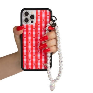 Pink heart phone case with diamond camera ring and sparkling crystal bead lanyard