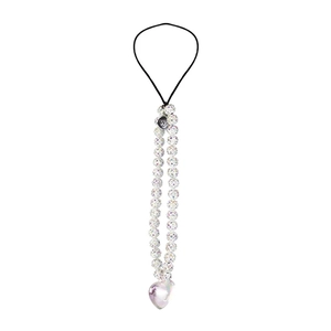 Iridescent beaded phone charm with a heart-shaped aurora pendant and metal W logo