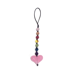 Minimalist handmade beaded phone strap with chakra stones and pink quartz heart charm