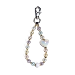 Colorful iridescent beaded heart keychain accessory for bags and phones with metal clasp