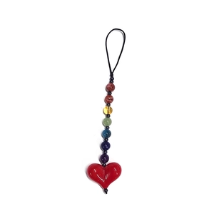 Minimalist beaded phone strap with colorful acrylic beads and a large red heart pendant