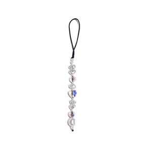 Handmade beaded phone strap with white pearls and a colorful acrylic heart pendant