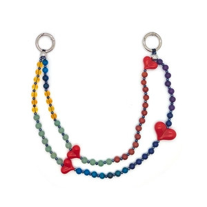 Handmade colorful acrylic beaded bag charm with red heart pendants and metal clasps