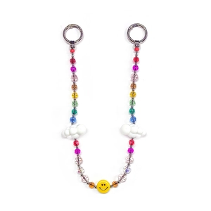 Colorful beaded phone strap with cloud charms and smiley face on white background