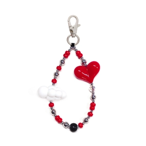 Beaded keychain wristlet featuring a large red heart and white cloud pendant with lobster clasp