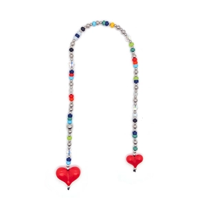 Handmade beaded bag charm with colorful acrylic beads and large red heart pendants