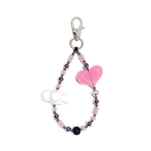 Pink heart and white cloud beaded keychain bracelet with silver lobster clasp for women