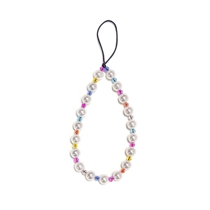 Handmade beaded phone strap with white pearls and colorful crystal skull accents