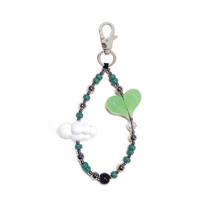 Chic acrylic beaded keychain featuring a white cloud and green heart on a lobster clasp