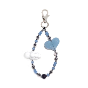 Beaded heart and cloud keychain for bags, blue and white aesthetic acrylic phone strap