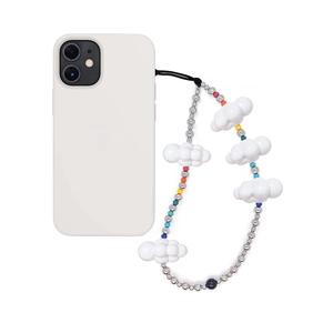 Handmade phone strap with white acrylic clouds and silver beads on a white phone
