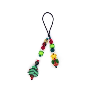 Christmas beaded phone strap with green tree, strawberry and yellow flower charms