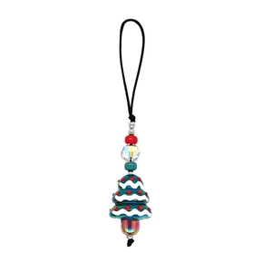 Handmade beaded Christmas tree phone charm with green resin tree and colorful crystal beads