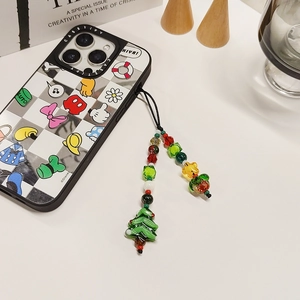 Christmas tree beaded phone strap with Disney characters on a checkerboard pattern case