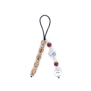 Street style beaded phone charm with amber faceted beads and blue marble heart pendants