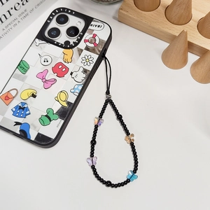 Handmade Resin Beaded Phone Chain With Colorful Butterfly Charms Black Beads Lanyard For Women Tech Accessories