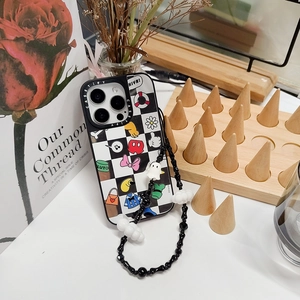 Checkerboard phone case and handmade beaded lanyard with bone and ghost charms
