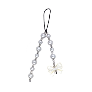 Ins style beaded phone charm with grey pearls and white translucent bowknot pendant