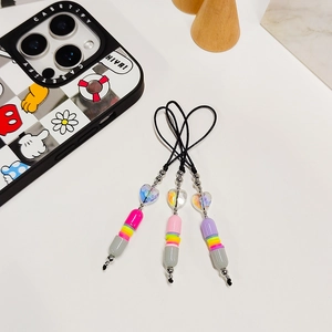 Three-piece beaded phone charms set with crystal hearts and colorful capsule beads