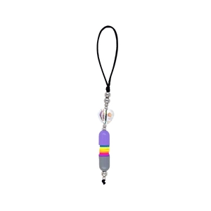 Minimalist beaded phone charm with crystal heart and capsule beads on a white background