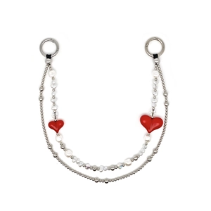 Dual-layer silver beaded chain with red heart charms and pearls for bag decoration