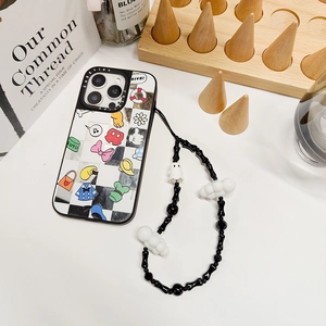 Checkboard phone case with Disney elements and handmade bone beaded lanyard strap