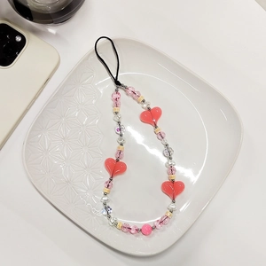 Handmade Pink Heart Beaded Phone Chain Crystal Acrylic Imitation Pearl Ceramic Bead Phone Lanyard For Women Girls Gift