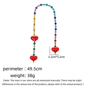 Detailed view of colorful acrylic beaded chain with red heart charms and size specifications