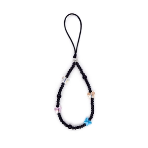 Handmade beaded phone strap with black beads and four colorful crystal butterflies