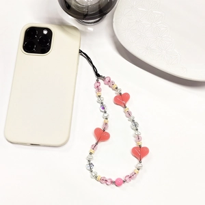 Chic pink heart beaded phone charm strap with pearls and colorful acrylic beads