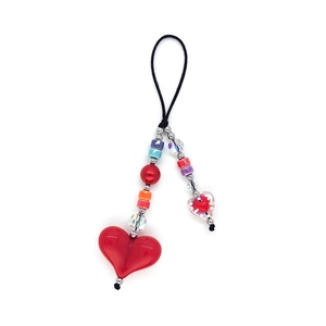 Colorful beaded heart phone charm with vibrant ceramic beads and red glass heart pendant