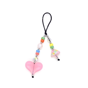 Colorful dopamine beaded phone charm with pink heart pendant and mushroom bead accessory