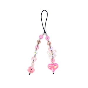 Pink beaded phone charm with heart pendant, butterfly accents, and crystal beads