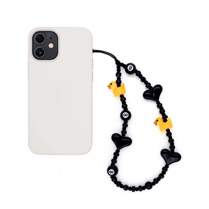 Creative beaded phone charm with black heart, billiard 8-ball, and yellow duck charms