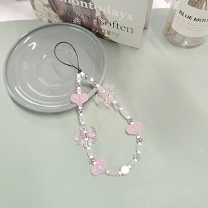 Pink Bowknot Heart Beaded Phone Chain Acrylic Glass Beads Kawaii Phone Lanyard Wrist Strap Accessories For Women Girls