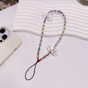 Handmade beaded phone strap with clear faceted beads, colorful charms and ribbon bows