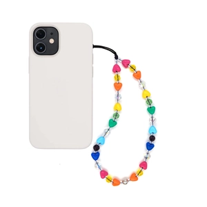 Dragonne de téléphone perlée colorée avec cristaux en forme de cœur et perles argentées
