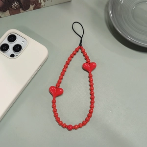 Handmade Red Heart Beaded Phone Lanyard Anti-Lost Acrylic Glass Bead Phone Chain Strap For Women Fashion Tech Accessory