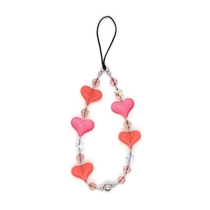 Handmade pink acrylic heart charm and crystal beads phone strap with black lanyard